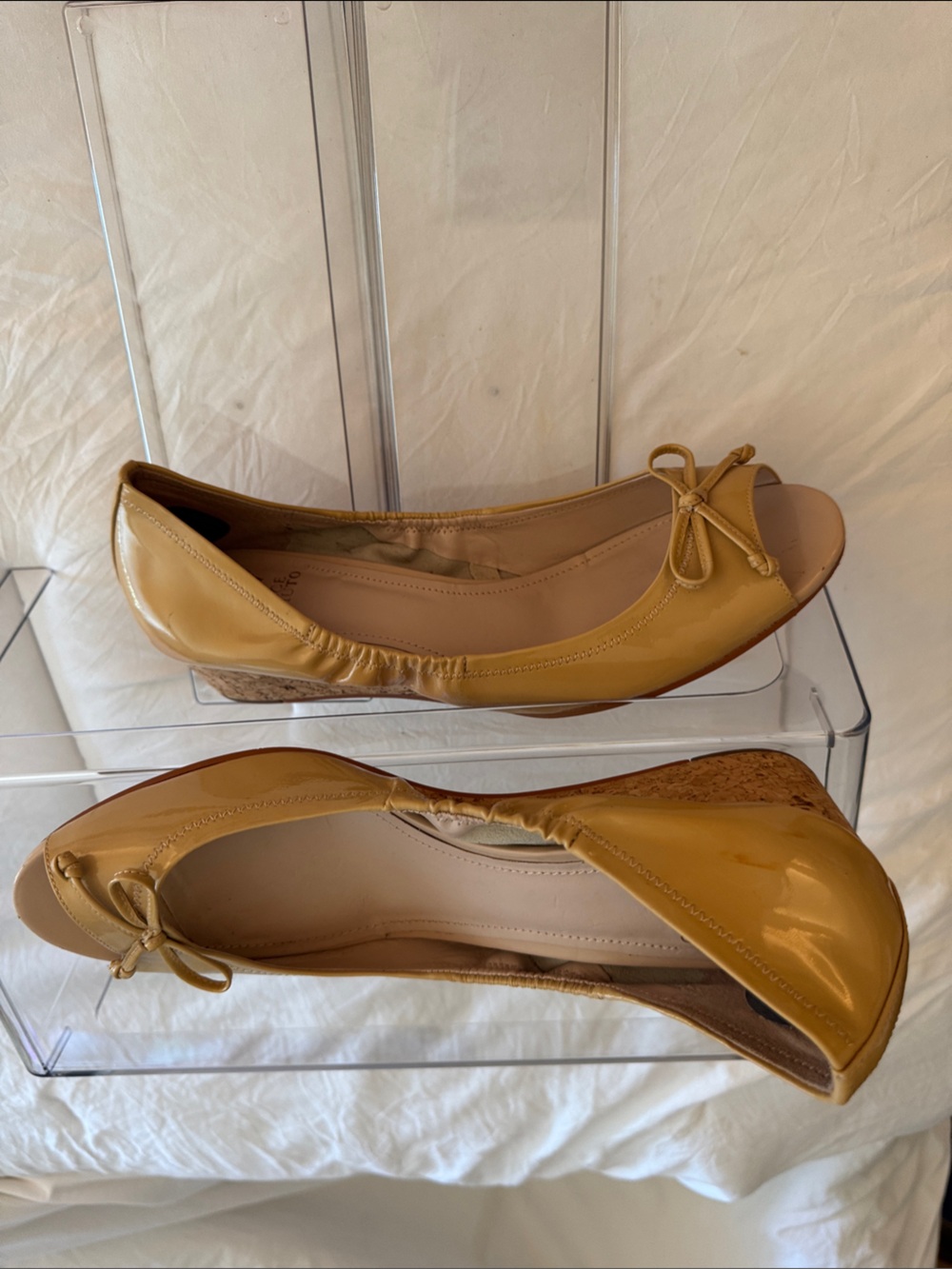 Womens Pretty Beige Vince Camuto Patent Wedge Peep-Toe 2 inch comfort height.